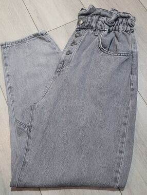 Zara Women's Button Fly High Waist Barrel Leg Paper Bag Denim Jeans 4 Grey